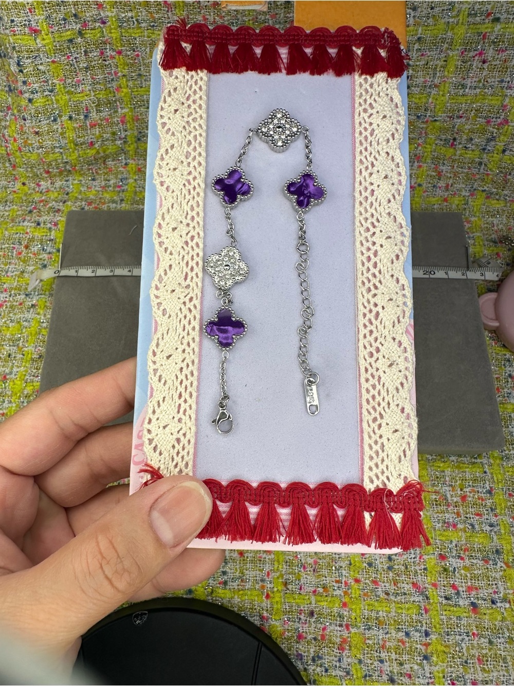 Silver Bracelet with Purple Clover Accents